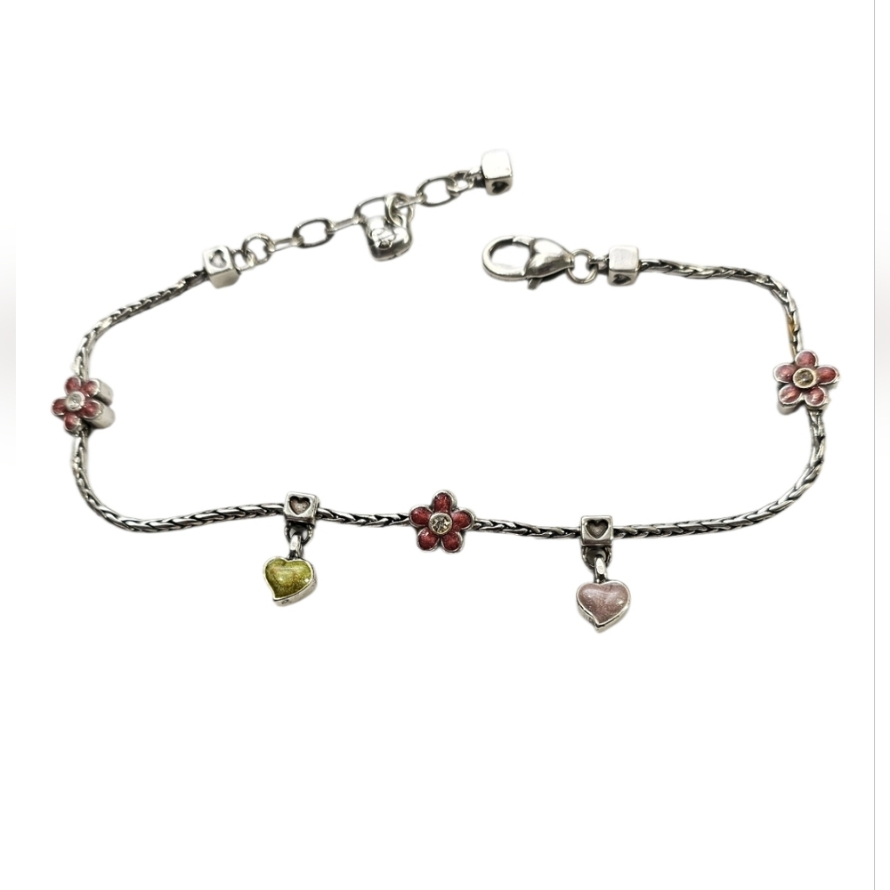 Brighton Pink Flower & Heart Charm Anklet Silver Tone Enamel Adjustable EUC - Picture 7 of 8